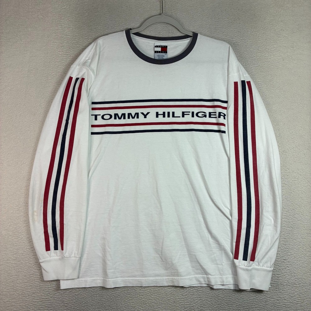 Y2K Tommy Hilfiger T Shirt Men L White Long Sleeve Hit Stripe Cotton Vintage